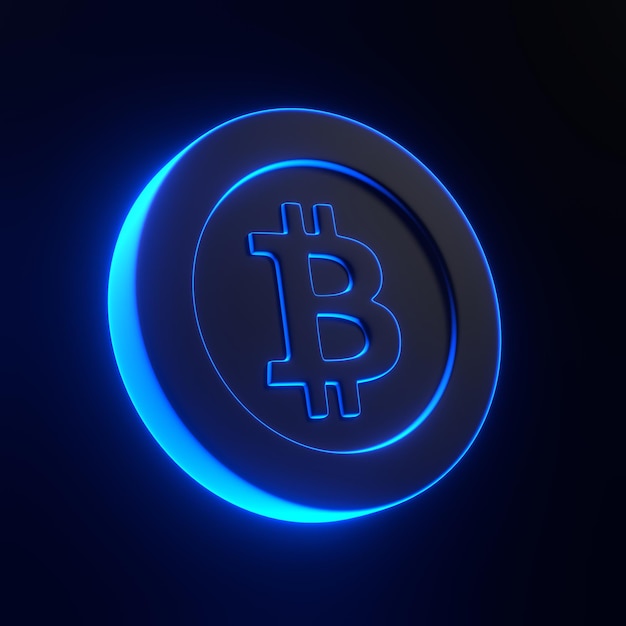 Bitcoin-Token mit leuchtend leuchtenden futuristischen blauen Neonlichtern auf schwarzem Hintergrund 3D-Rendering