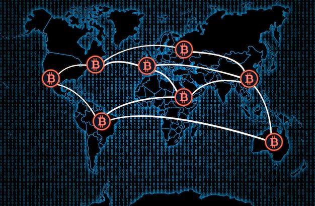 Bitcoin-Transaktionen auf einer dunklen Weltkarte