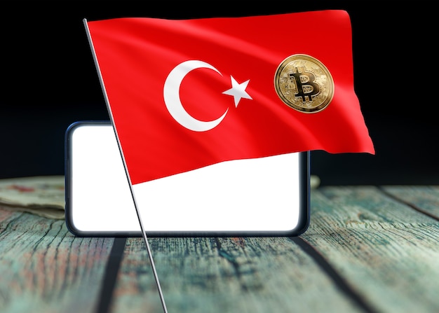 Bitcoin Turquía en la bandera de Turquía. Noticias de Bitcoin y situación legal en el concepto de Turquía.