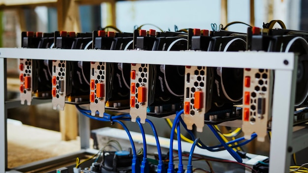 Bitcoin- und Krypto-Mining-Computermaschinen in einem großen Rechenzentrum DIY-Server bei der Arbeit