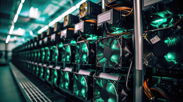 Foto bitcoin- und krypto-mining-farm großdatenzentrum high-tech-server-computer bei der arbeit in grüner beleuchtung