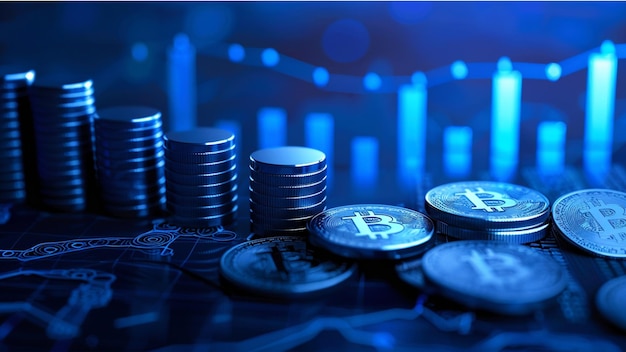 Bitcoin und Kryptowährung-Konzept auf blauem Ton