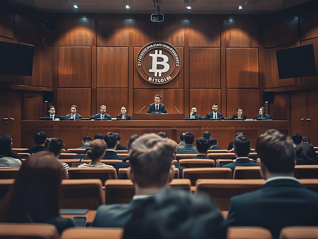 Bitcoin-Vortrag in einem Konferenzzentrum mit einem Redner und Crypto-Konzept Trending Background Photo