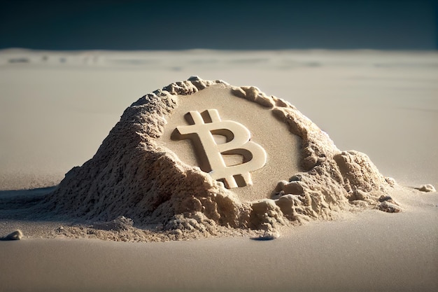 Bitcoin-Zeichen im Sand am Strand Kryptowährungskonzept Generative KI