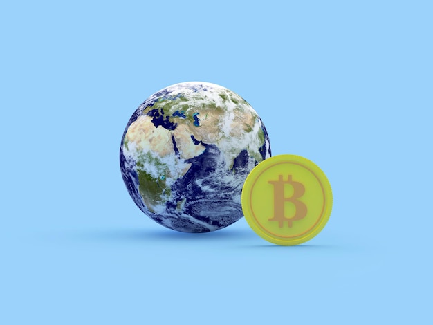 Bitcoin-Zeichen mit einem Globus