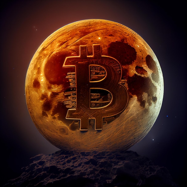 Bitcoin zum Mond-Bitcoin-Logo im Vollmond-Illustrationshintergrund