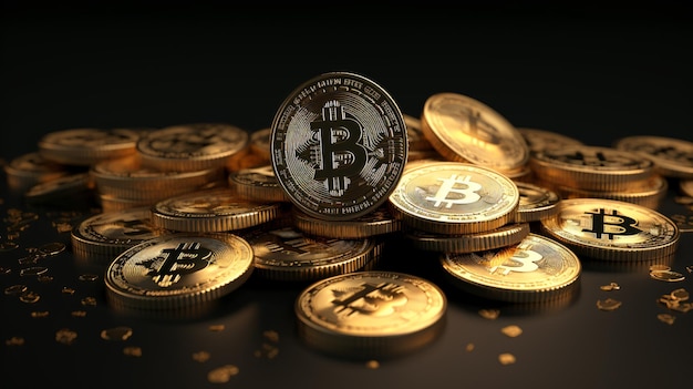 Bitcoins 3D Render Aislado Sobre Fondo Oscuro