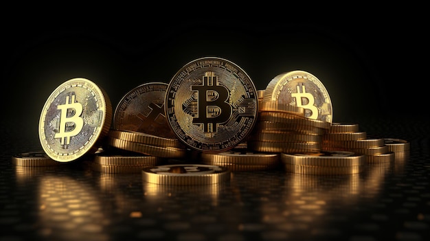 Bitcoins 3D Render Aislado Sobre Fondo Oscuro