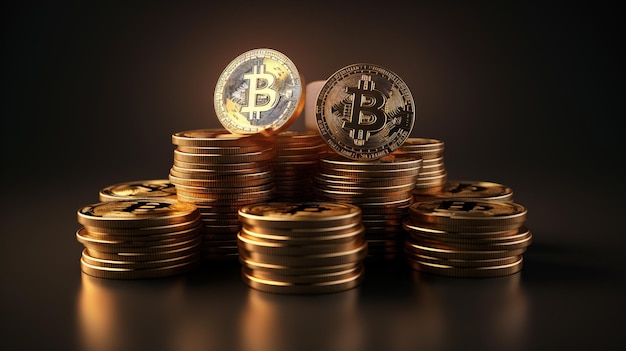 Bitcoins 3D render isolado fundo escuro