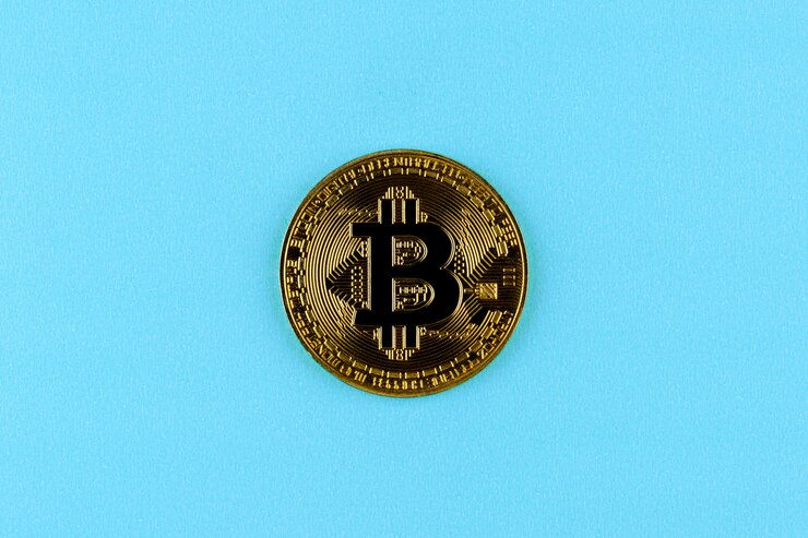 Foto bitcoins dorados en azul