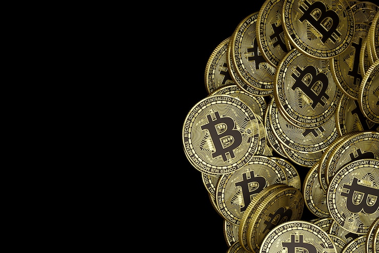 Foto bitcoins dorados en la oscuridad
