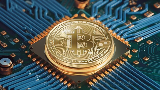 Bitcoins dourados em placa de circuito de mineração de criptomoedas e tecnologia blockchain