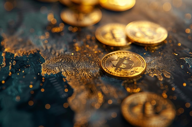 Bitcoins em uma mesa com um mapa