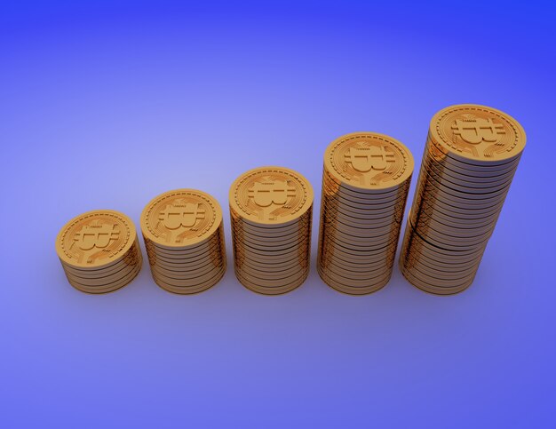 Bitcoins con gráfico de monedas. 3d rindió la ilustración