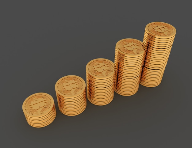 Bitcoins mit Münzdiagramm. 3D gerenderte Darstellung