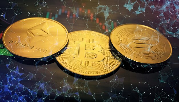 Bitcoins y nuevo concepto de dinero virtual Bitcoins de oro con gráfico de velas y fondo digital