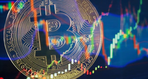 Bitcoins de oro con gráfico de velas y fondo digital