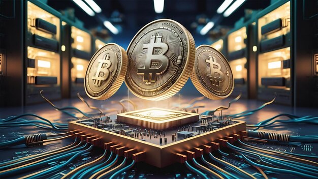 Bitcoins de oro en la minería de placas de circuitos de criptomonedas y tecnología blockchain