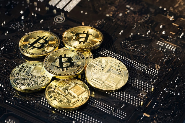 Bitcoins de oro. Nuevo dinero virtual. Minería Golden Bitcoins. Monedas Bitcoins aisladas sobre fondo de placa base.