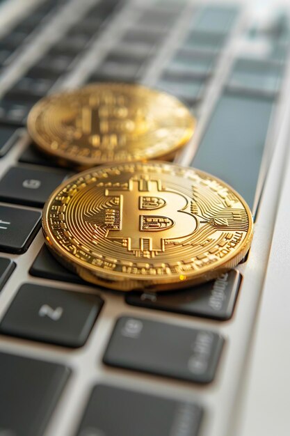 Bitcoins de oro en el teclado de la computadora portátil