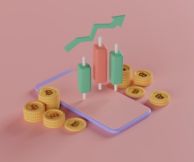 Foto bitcoins de renderizado 3d con gráfico de velas en el teléfono inteligente ilustración de concepto de criptomoneda