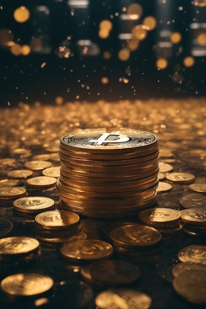Bitcoins Uma renderização 3D de moedas flutuantes ao lado de uma barra de gráfico