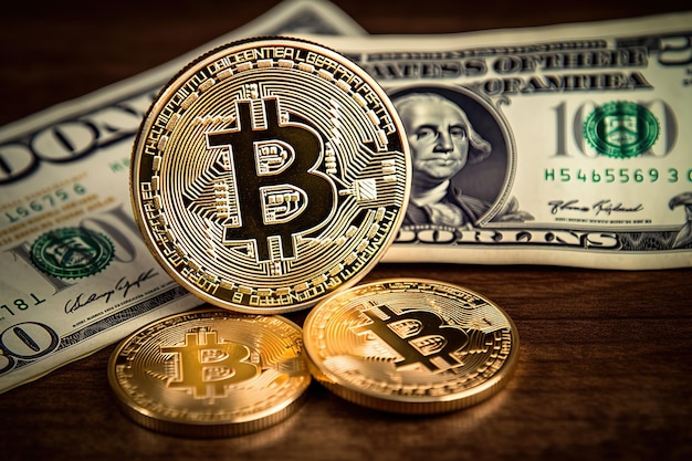 Bitcoins und Dollar auf einem Tisch