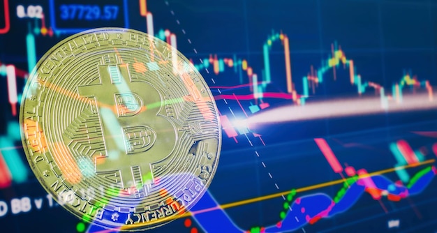 Bitcoins und neues virtuelles Geld Bitcoin-Mining Finanzverwaltungskonzept Geldhandel Digitaler Handel Gewinn- und Verlustdiagramm Krypto-Kauf und -Verkauf