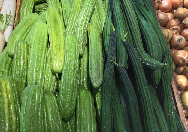 Bittere Gurke, Schlangenluffa und Zwiebeln