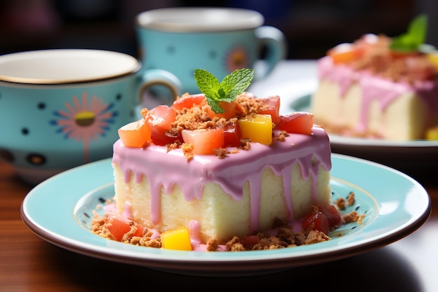 Foto bizcocho pastel de elote sin maíz servido en un colorido plato