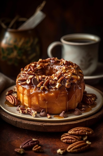 Un bizcocho de pastel de nuez con nueces y salsa de chocolate.