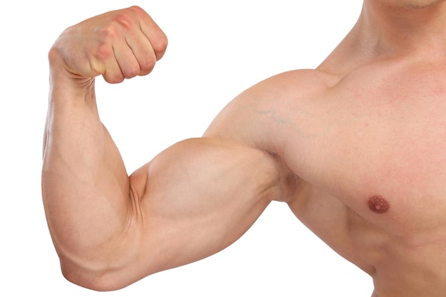 Bizepsmuskeln stärken starke Kraft Bodybuilder Bodybuilding muskulöser Mann isoliert