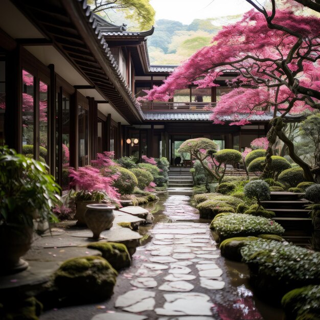 Foto bjardim japonês com árvores cor-de-rosa e caminho de pedra