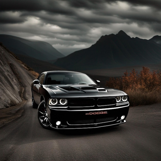 Foto black dodge acelera na estrada em um clima escuro