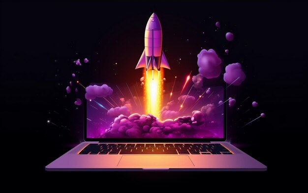 Black e Purple Laptop Screen Rocket Generative AI (AI geradora de foguetes para laptops em preto e roxo)