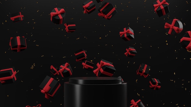 Black friday 3d render pódio abstrato preto com maquete de exibição do produto com fundo preto e vermelho