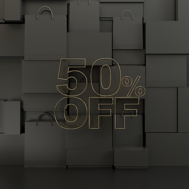 Black Friday 50% de venda de texto dourado em fundo preto 3D renderização de altos detalhes