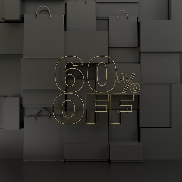 Black Friday 60 60 Prozent Verkauf Gold Text auf Block schwarzer Hintergrund 3D-Rendering hohe Details