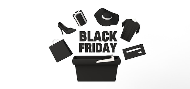 Black Friday-Banner mit Smartphone, Einkaufstüten, Kreditkarte und Geschenken. 3D-Darstellung.