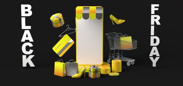 Black Friday-Banner mit Smartphone und goldenen Einkaufstüten. 3D-Darstellung.