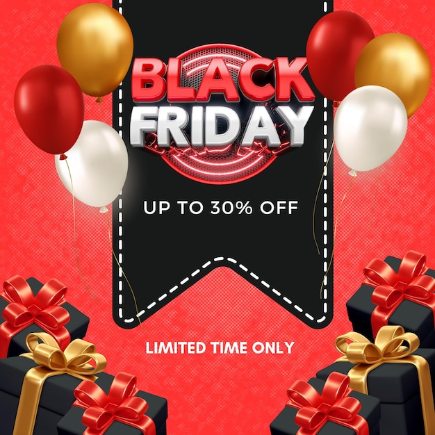 Black-Friday-Banner Original-Rabatt-Poster mit Ballons und Geschenken schwarz rot weiß gold