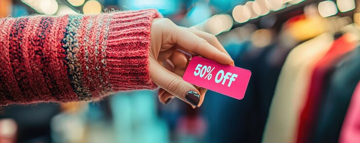 Black Friday Bargain Hunting Concept Agarra el producto con un descuento del 50% en el espacio de copia de pegatinas disponible para el texto