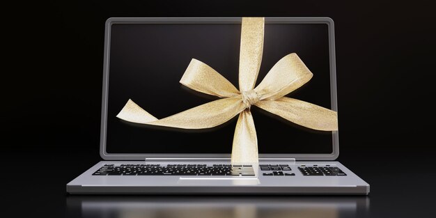 Black Friday Cyber Monday Sale Arco de cinta de regalo de oro en el portátil de la computadora