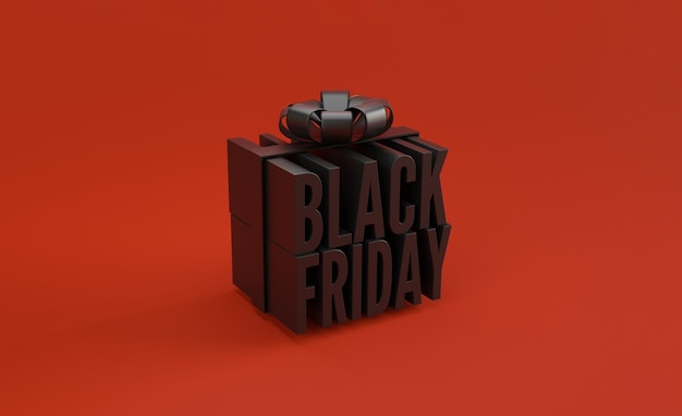 Black Friday Geschenkbox mit schwarzem Band auf rotem Hintergrund für den Tag nach Thanksgiving des traditionellen Weihnachtseinkaufssaison-Konzepts durch 3D-Darstellung