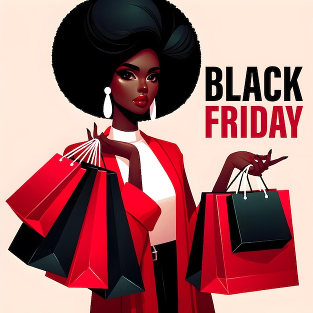 Black Friday Ilustración de una mujer negra con bolsas de compras