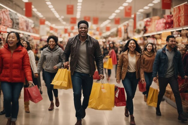 Black Friday-Käufer durch die Gänge Tasche in der Hand greifen nach Schnäppchen in frenetischem Einzelhandelsballett