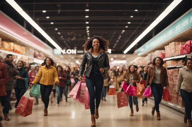 Black Friday-Käufer durch die Gänge Tasche in der Hand greifen nach Schnäppchen in frenetischem Einzelhandelsballett