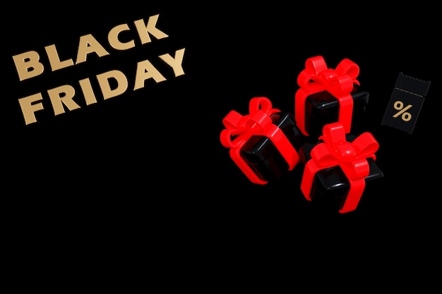 Black Friday letras cupón de color dorado y con cajas de regalo negras 3d y render 3d de lazos rojos