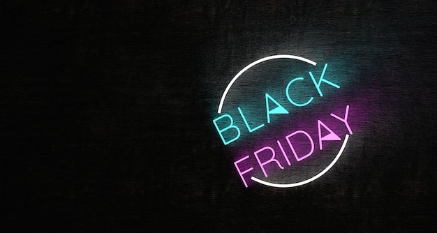 Black Friday Leuchtreklame auf der schwarzen Backsteinwand background3D Rendering