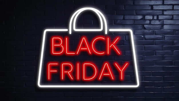 Black Friday Neon-Schild mit Einkaufstaschen-Ikonen an der Ziegelsteinwand